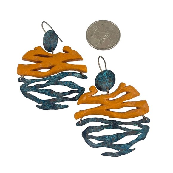 Handcrafted Abstract Art Earrings With Orange & Blue Design Wood and oxidized me - Picture 4 of 7